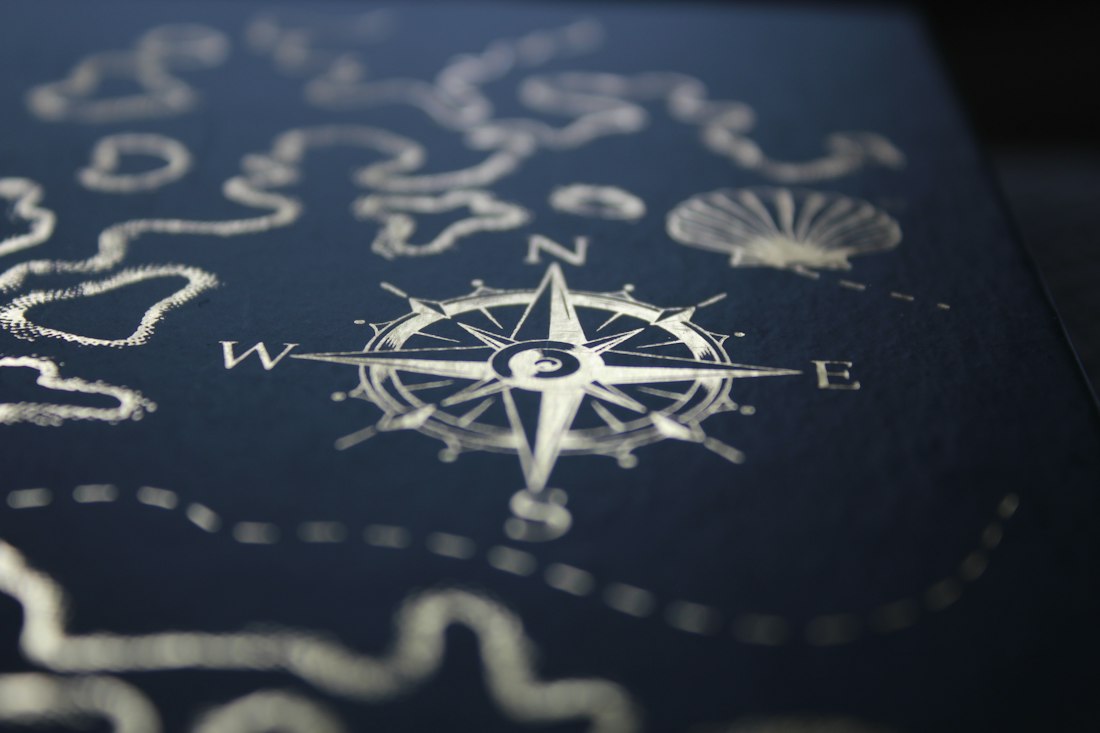 Compass resting on a map